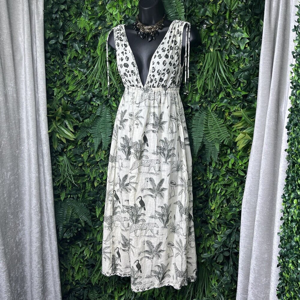 Z & L EUROPE Dress Women Small Cream Green Boho Maxi Safari Animal Print 2219